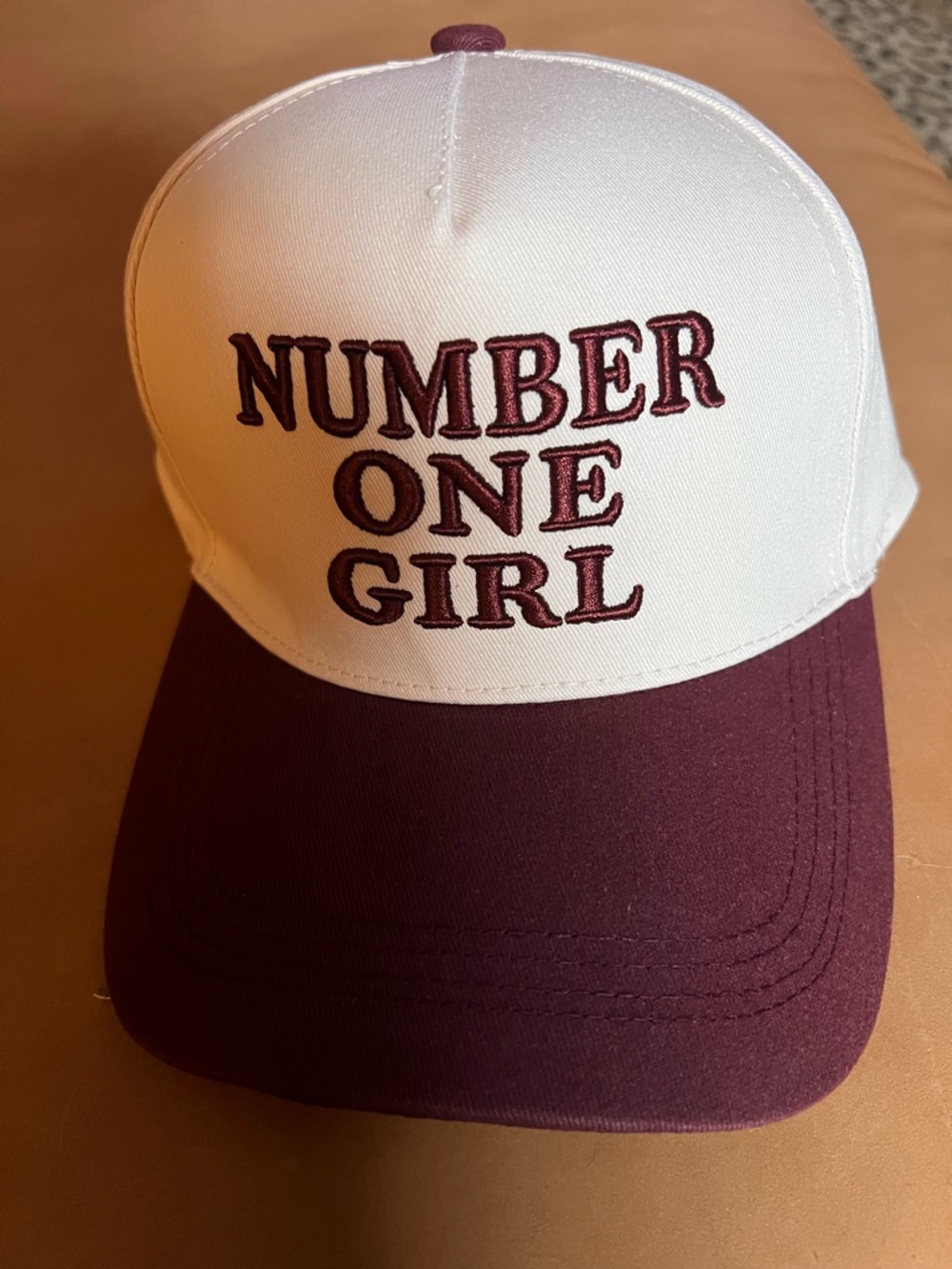 'Number One Girl' Two-Tone Baseball Cap - Cream w/ deep purple embroidery